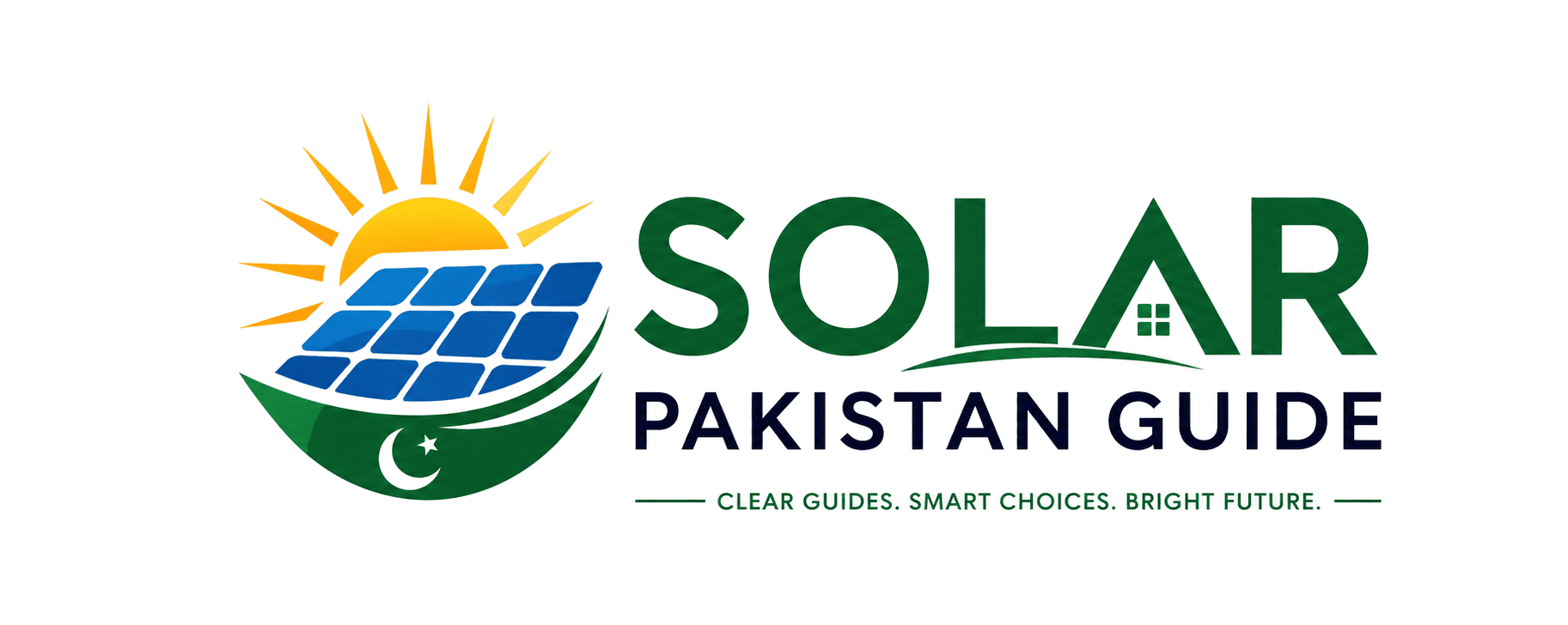 Solar Pakistan Guide logo with solar panel, sun, and Pakistan-inspired green energy branding