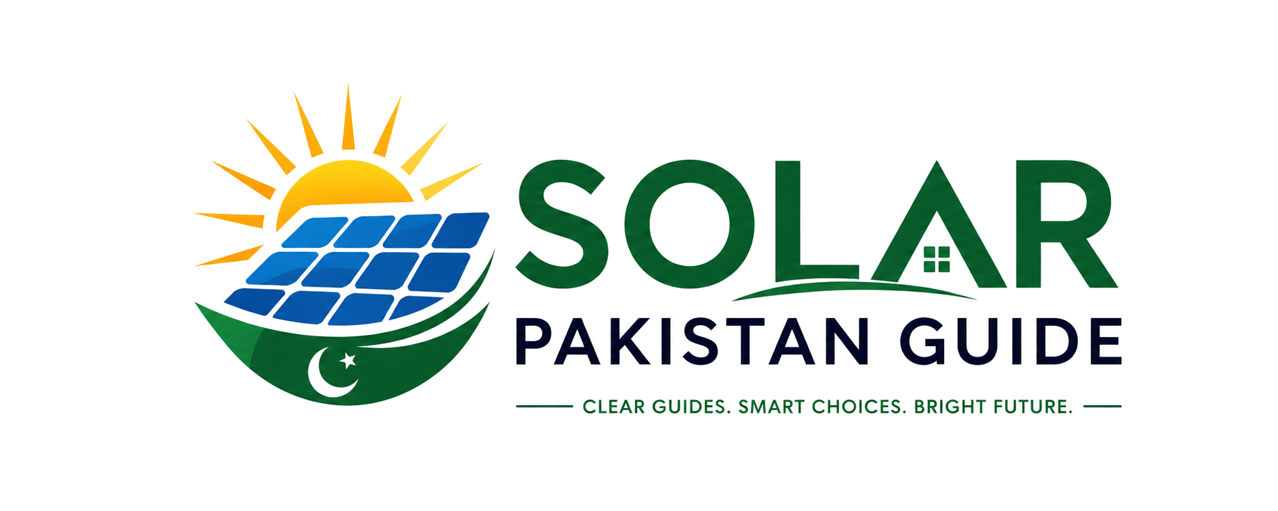 Solar Pakistan Guide logo with solar panel, sun, and Pakistan-inspired green energy branding