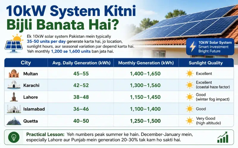 10kW solar daily generation by city Pakistan