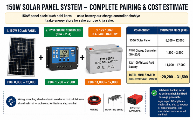 150w-panel-battery-controller-setup-pakistan 150 watt solar panel with PWM controller and battery setup