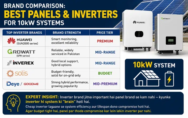 Comparison chart of best 10kW solar inverter brands including Huawei, Growatt, Inverex, Solis, Deye and GoodWe with price tiers and feature