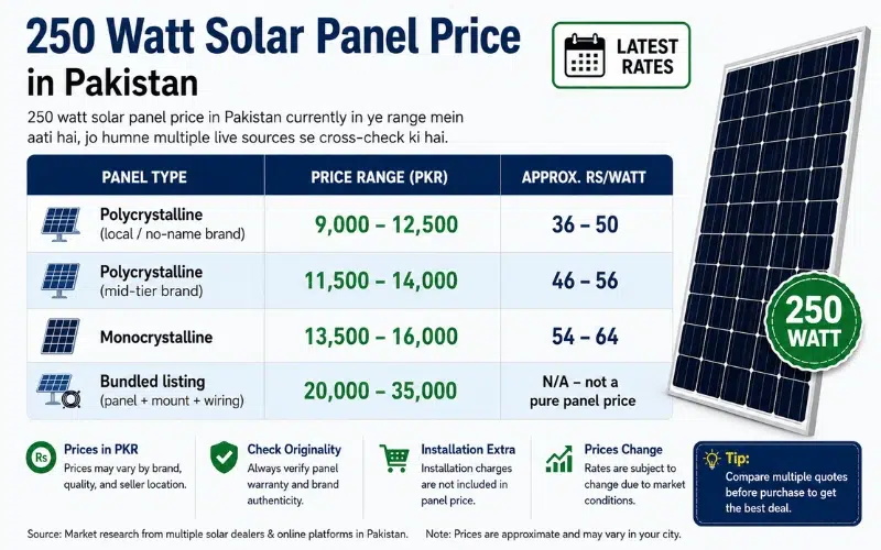 250 Watt Solar Panel Price in Pakistan showing latest price ranges for polycrystalline and monocrystalline solar panels.